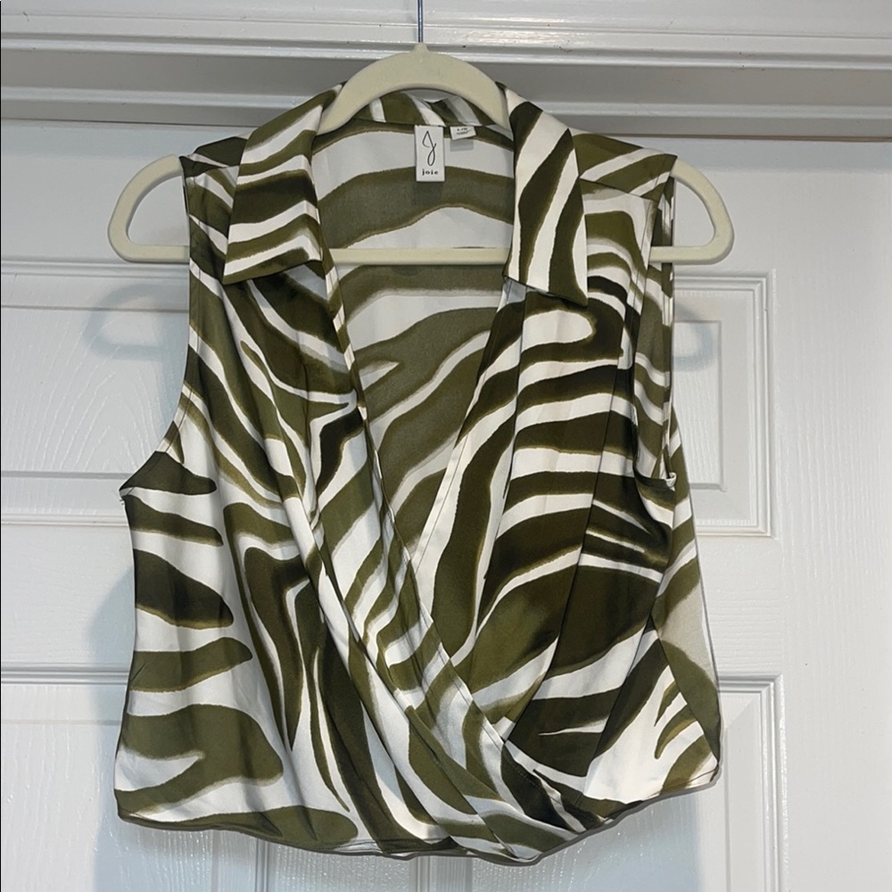 Joie Green and White Sleeveless Wrap Blouse